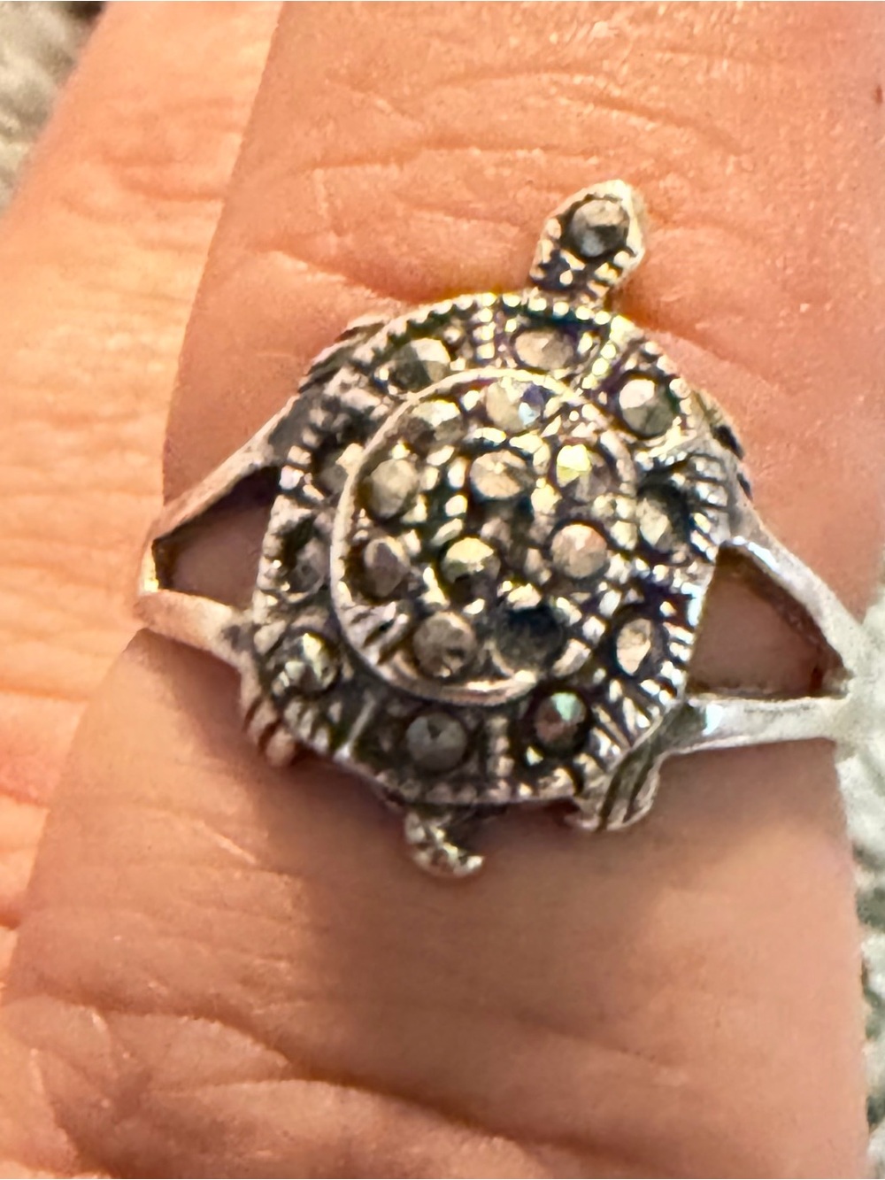Vintage 925 Sterling Silver Marcasite Domed Turtle Ring Size 7